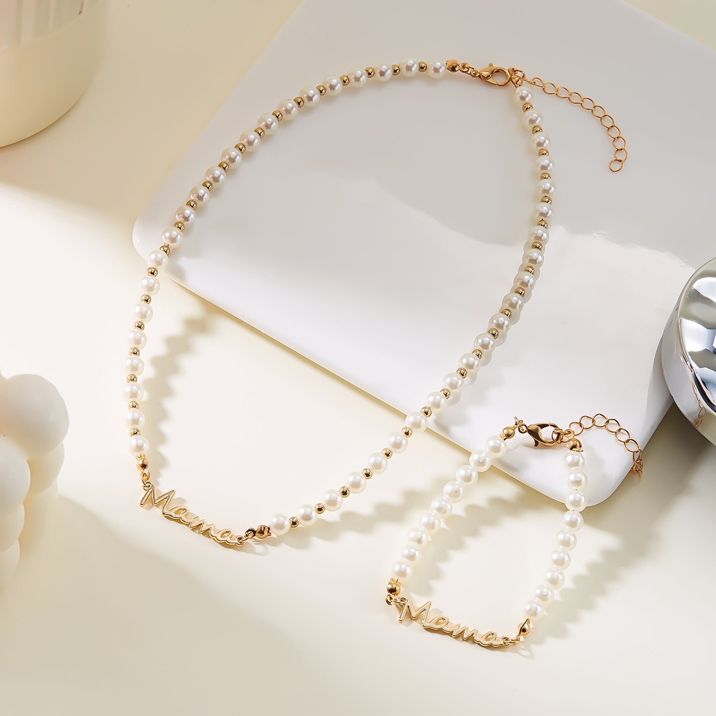 Mother's Day Letter Mama Pearl Necklace Bracelet Set