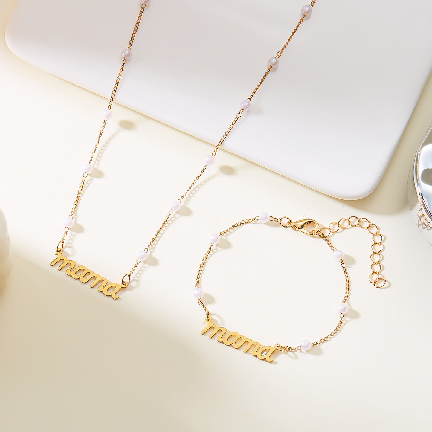 Mother's Day Letter Mama Pearl Necklace Bracelet Set
