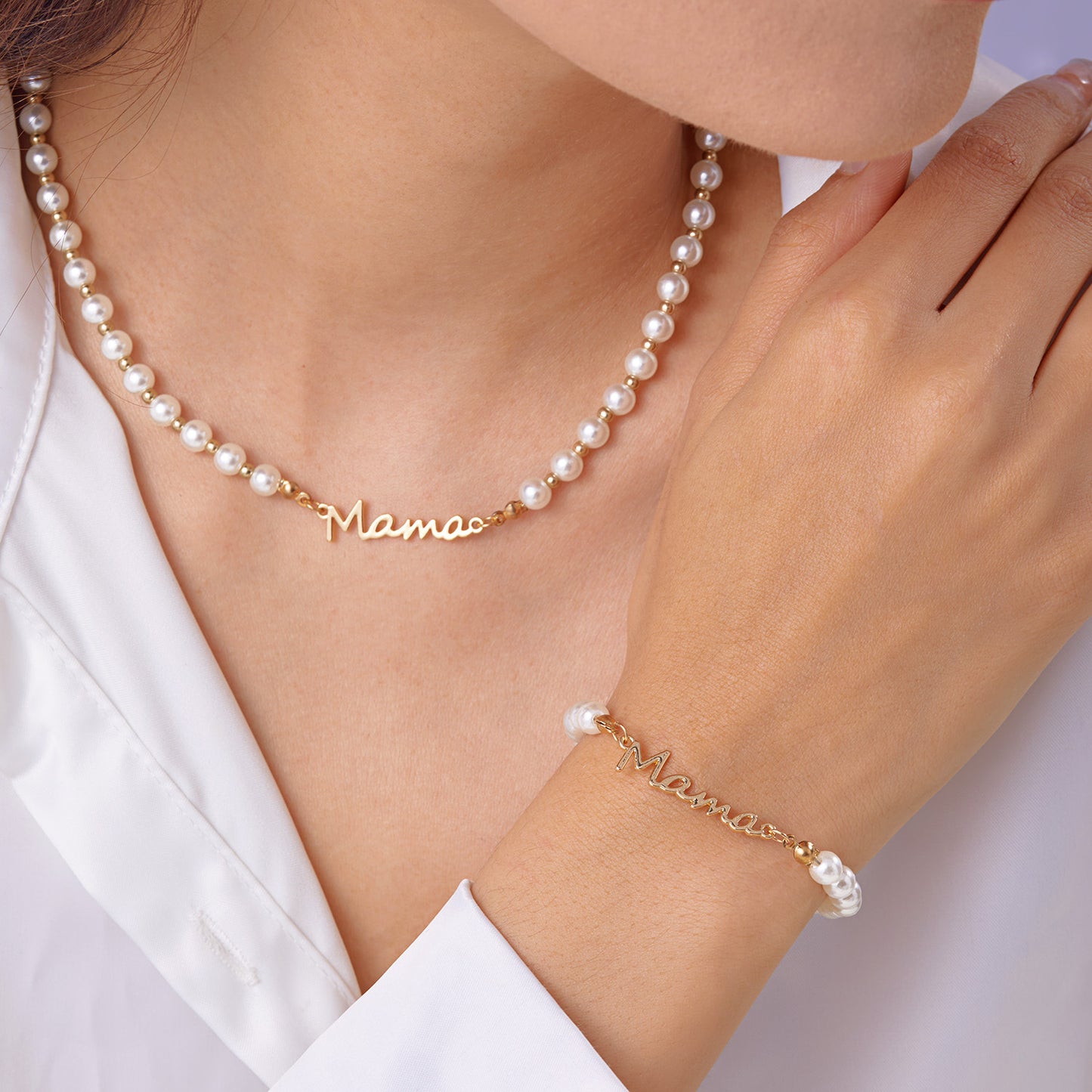 Mother's Day Letter Mama Pearl Necklace Bracelet Set