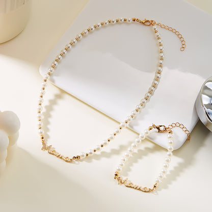 Mother's Day Letter Mama Pearl Necklace Bracelet Set